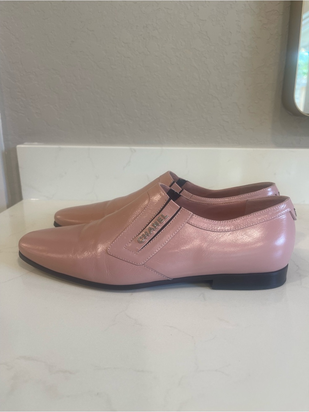 CHANEL Pink Leather Slip-On Loafers